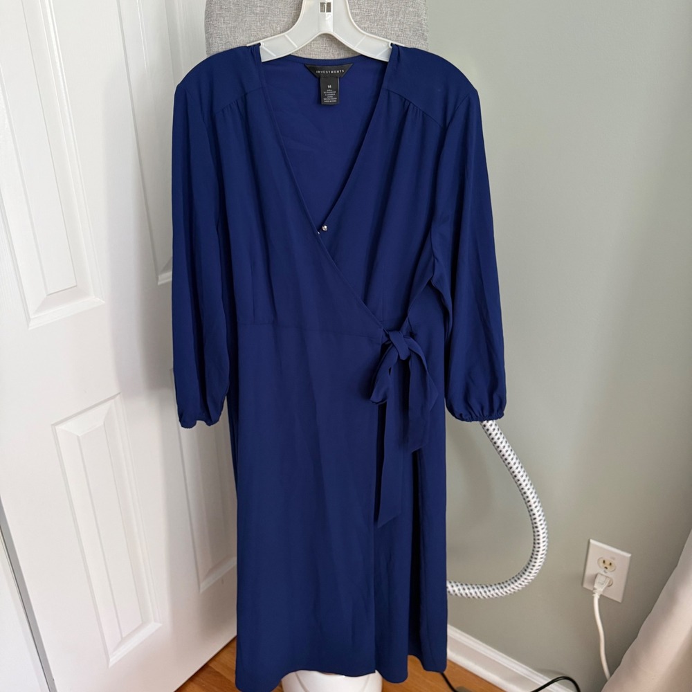 Investments Blue Faux Wrap Midi Dress 14 Tie Waist 3/4 Sleeve Career Work